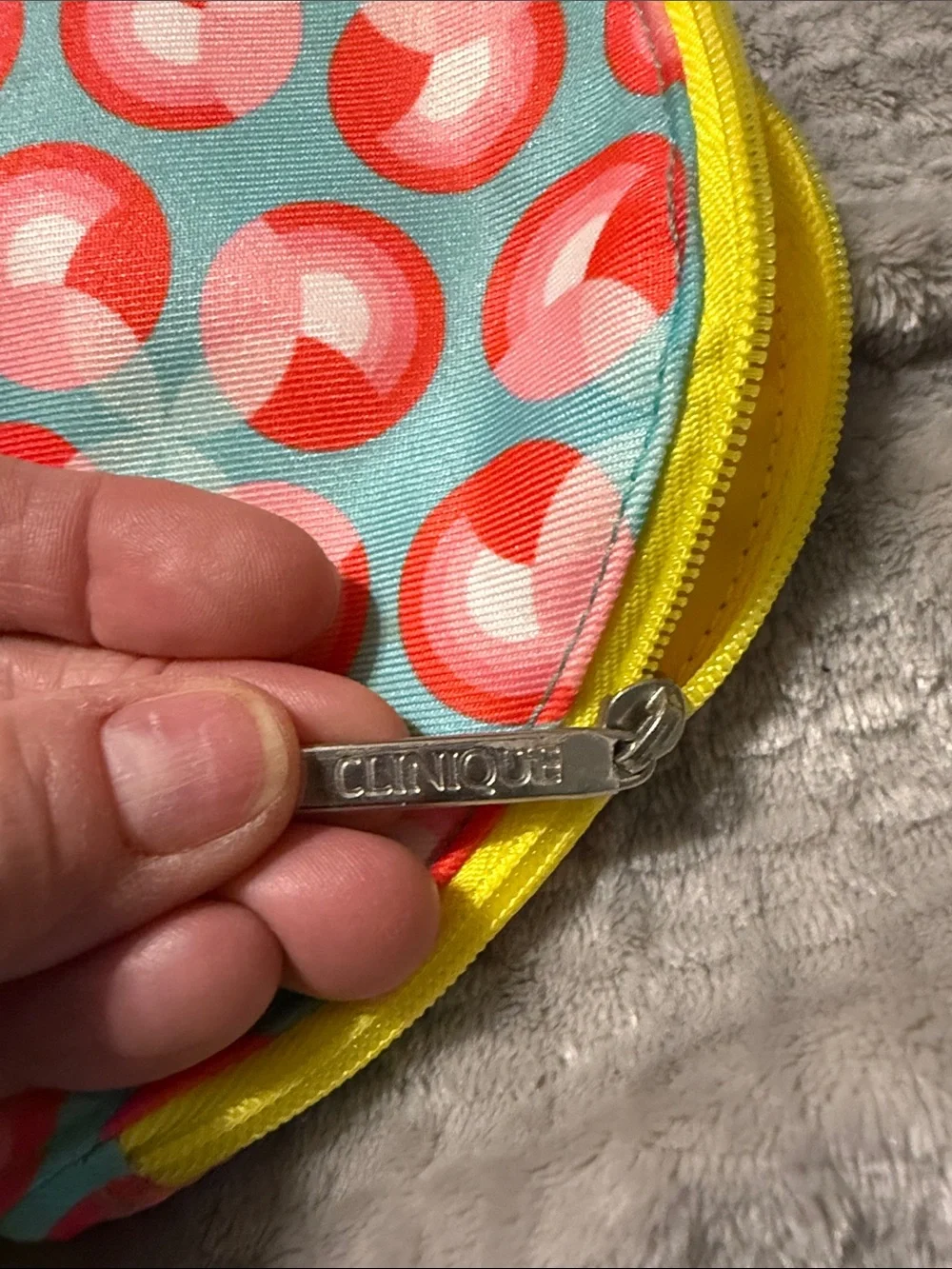 Clinique Blue Cosmetic Bag with Coral Circles and Yellow Zipper